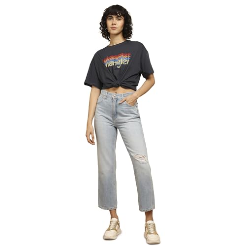 Image of Wrangler Women's Blue Straight Fit Mid Rise Jeans