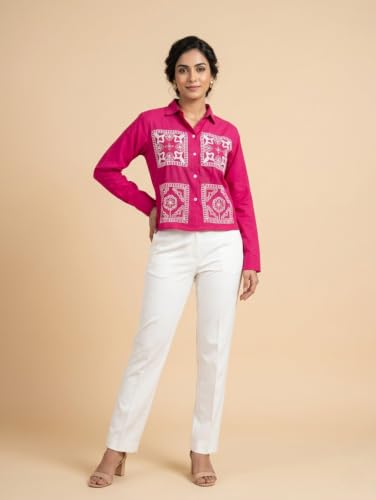 Image of Stylish Women's Embroidered Shirts | Geometric Pattern Half Sleeve Collared Button-Up Casual Shirt for Women