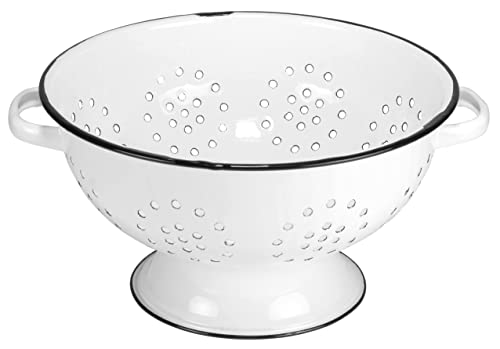 Redcoenamelwaremetalclassic105inchroundfoodstrainercolanderwithtwohandlesdistressedwhiteblackrim Urban Country Home Decor Red co enamelware metal classic 105 inch round food strainer colander with two handles distressed whiteblack rim urban country home decor