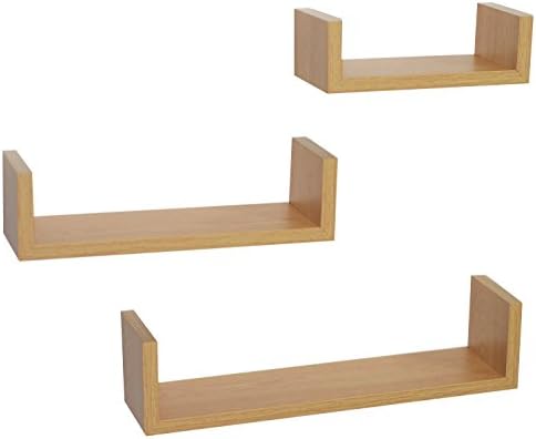Invero Set of 3 Oak Wood Effect Floating Shelves Wall Mounted U-Shaped - Wall Shelves for Storage Home Bathroom Bedroom Kitchen Office Living Room Decoration