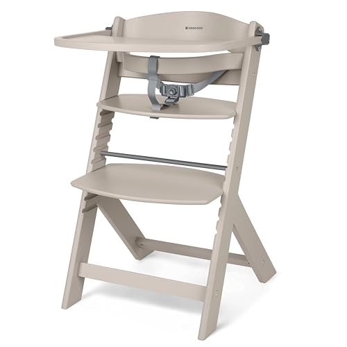 KikkaBoo NORDY Holz-Hochstuhl für Babys, Verstellbarer Kinderstuhl bis 35 kg, Buchenholz, Abnehmbares Tablett, Verstellbare Sitz- & Fußstütze, Sicherheitsbügel, 3-Punkt-Gurt, Ergonomisches, Hellbeige