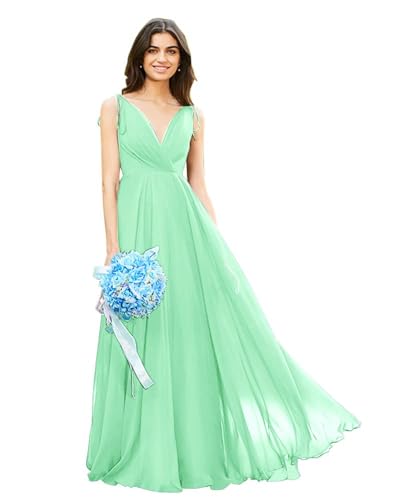 Image of HSFIYAKJ Bridesmaid Dresses Long Chiffon Formal Dress Open Back V Neck Evening Prom Gown for Women with Pockets