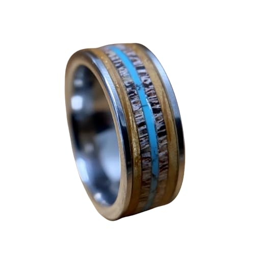 BW James Jewelers " The Westerner 8mm Tungsten Rings For Men's Wedding Band, Made with Reclaimed Bourbon Barrel, Antler and Turquoise, Engagement Ring