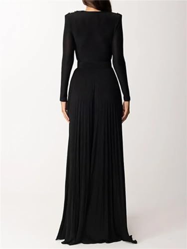 Women's Pleated Solid Deep V-Neck Evening Dress Sexy Belted Split-Side Long Sleeve Prom Dresses3