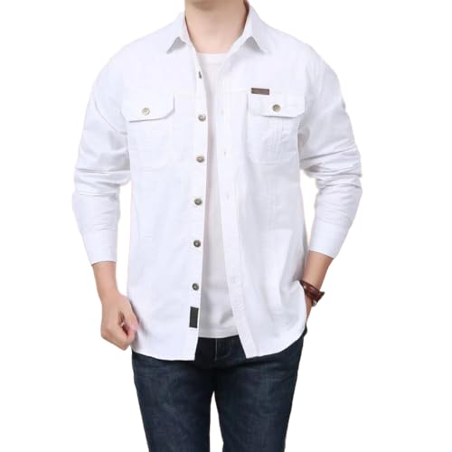 Camisas de Trabajo de Algodón para Hombre, Camisa de Militar de Manga Larga con Botones Ropa Cargo, 2 Bolsillos, Regular Fit para Pesca, Tala, Senderismo, Caza，Blanco，XL
