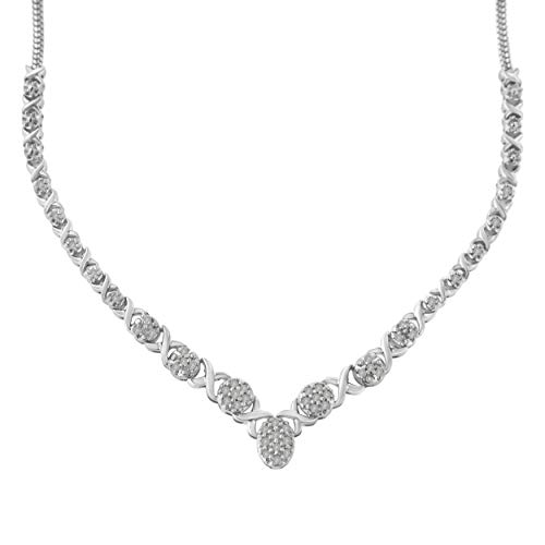.925 Sterling Silver 1/4 Carat Round Diamond Cluster Graduated V Alternating Xo 18” Statement Pendant Necklace (I-J Color, I3 Clarity) #TOP30