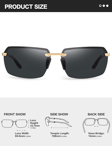 Image of BIRCEN Mens Polarized Sunglasses for Driving: Rimless UV Protection Sun Glasses with Al-Mg Frame for Fishing Traveling Golf