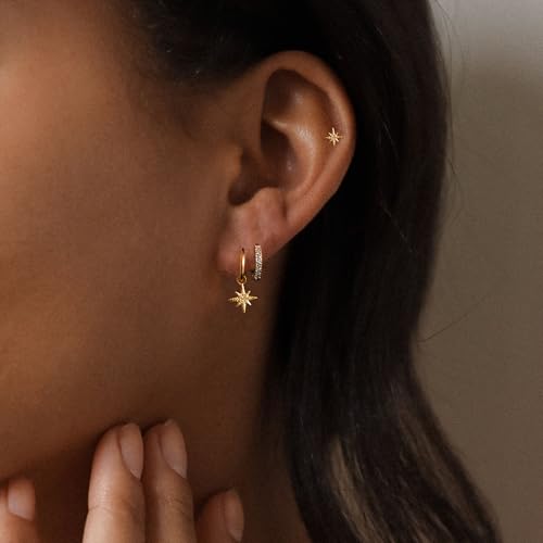 Image of Gold Plated Earrings for Women, 14k Gold Plated Earring Stack Hypoallergenic Pearl Drop Earring Dainty Earrings for Women Trendy Cute Small Huggie Hoop Earring Fashion Womens Jewelry
