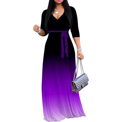Image of PinkPatty Women's Plus Size Maxi Dress Casual 3 /4 Sleeve Dress with Belt | Soft stretch feel, printed style, flowy A-line fit, v neck, waist tie, side pockets, for vacation, party and daily wear