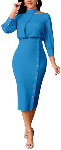 Image of shengfan Women's Casual Long Sleeve Work Bodycon Midi Dresses Round Neck Formal Wedding Cocktail Party Wrap Pencil Dress