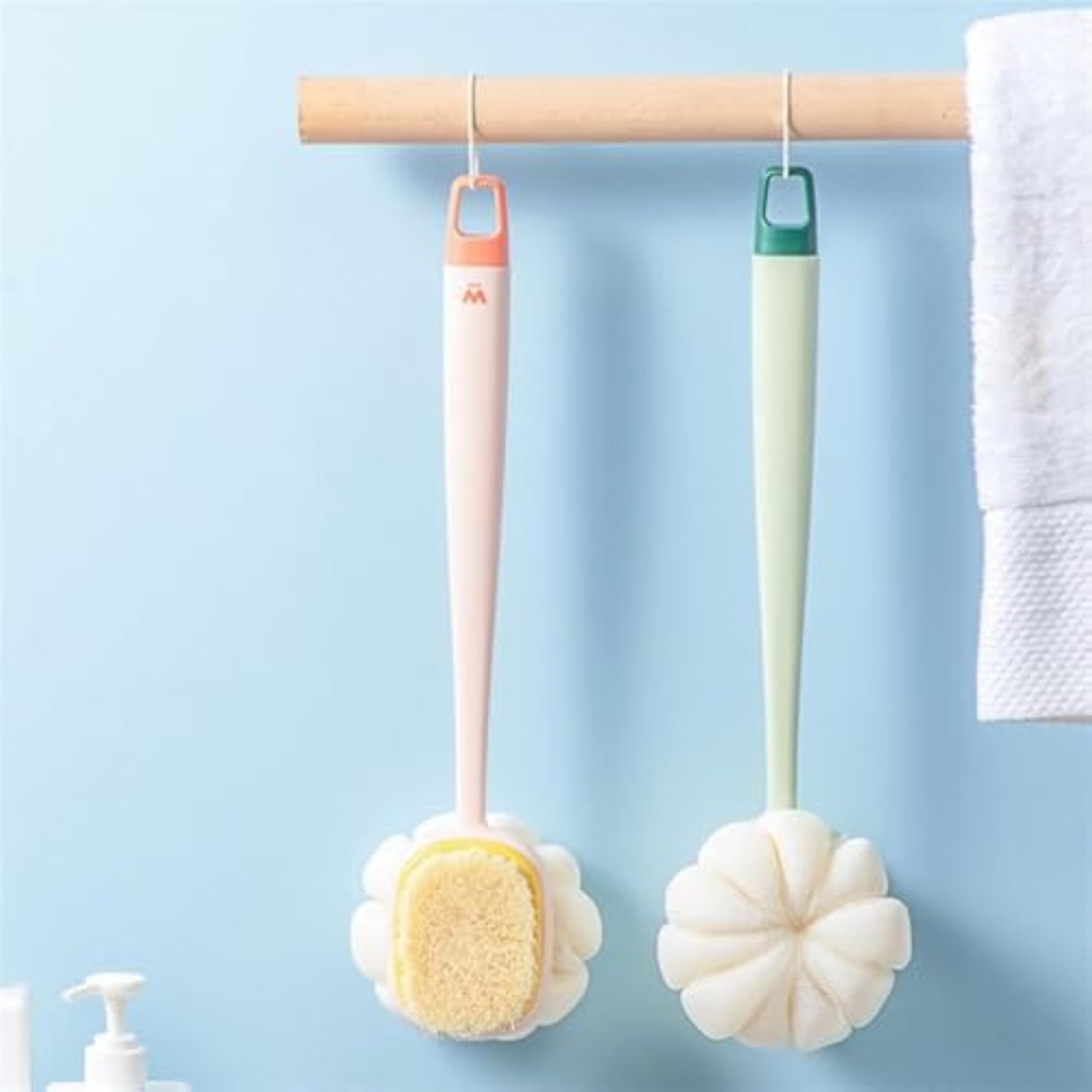 2 IN 1 Loofah Bath Brush, Back Scrubber with Curved Handle
