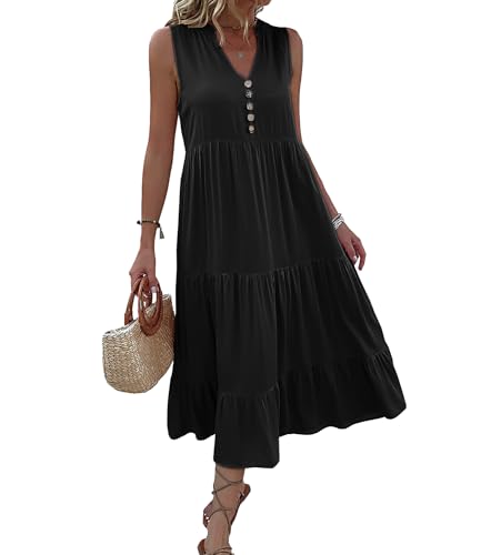 HYUET Vestido Largo de Verano para Mujer, Sin Mangas con Escote en V, Roba Ligera y Elegante, Playa, Vacaciones y el Verano