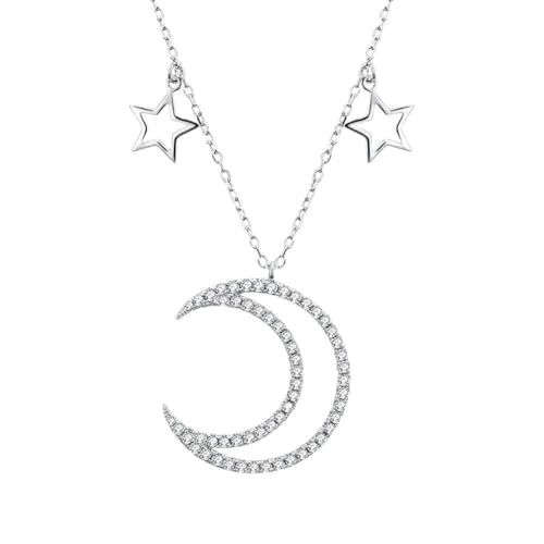 Collier lune étoile argent S925 femme anti-allergie sautoir long diamant
