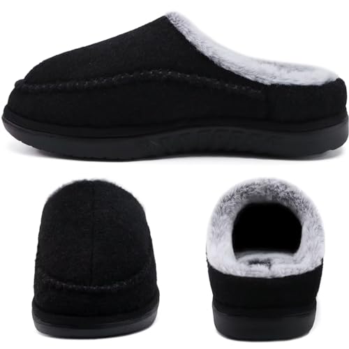 Image of KuaiLu Mens Clog Slippers with Comfy Arch Support Orthotic Plantar Fasciitis Memory Foam Slippers for Men Winter Fluff Faux Fur Slip on Felt Houes Shoes Hard Rubber Sole Black Size 7