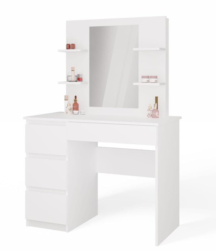 BDW - Schminktisch mit Spiegel Weiß - Make Up Tisch mit Schubladen - Minimalistisches Design, mit Regalen, für Schlafzimmer oder Ankleidezimmer - 146 x 98 x 51 cm - Links