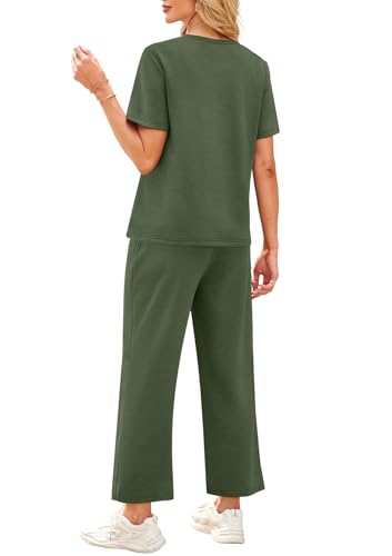 Image of WIHOLL 2 Piece Sets for Women Casual Summer Travel Vacation Outfits Short Sleeve Wide Leg Crop Pants Lounge Sets