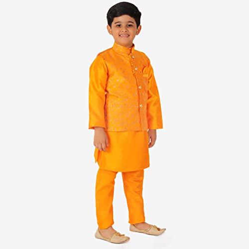 Image of Pro-Ethic Style Developer Kurta Pajama For Kids Boys With Waistcoat | Silk | Floral | Traditional Dress (S-201)