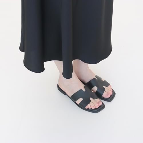 Image of Womens Slip On Flat Sandals Soft Leather Open Toe Slide for Summer Dressy