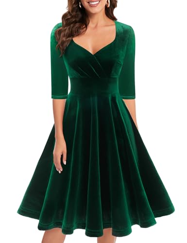 Bbonlinedress Winterkleid Damen Festliche Kleider 3/4 arm V-Ausschnitt samt Kleider Midilang Abendkleid lang Elegante Weihnachtskleider Dark Green L