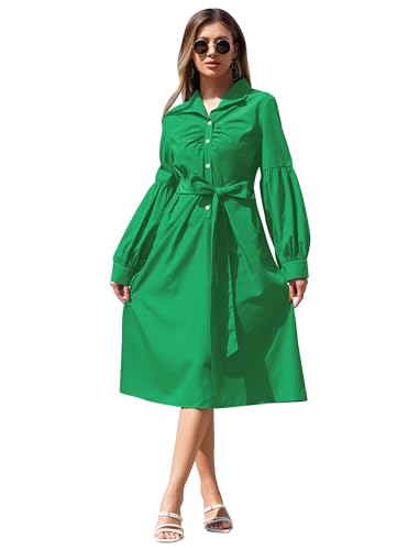 Women's Long Sleeve Lapel Collar Button Down Shirt Dress with Pockets Knot A Line Cocktail Party Midi Belt Dresses