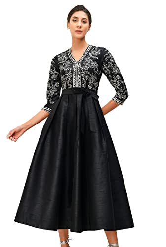 Eshakti Women's Floral Embroidered Dupioni Dress L-12 Black/White #TOP3