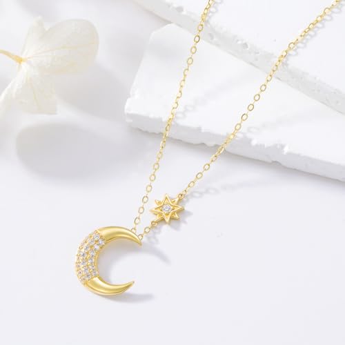 Solid 14K Moon and North Star Necklace for Women, Real Gold Moon Pendant Necklaces with Cubic Zirconia, Mother's Day Birthday Christmas Jewerly Gifts for Mother Grandma, 16"+2"4