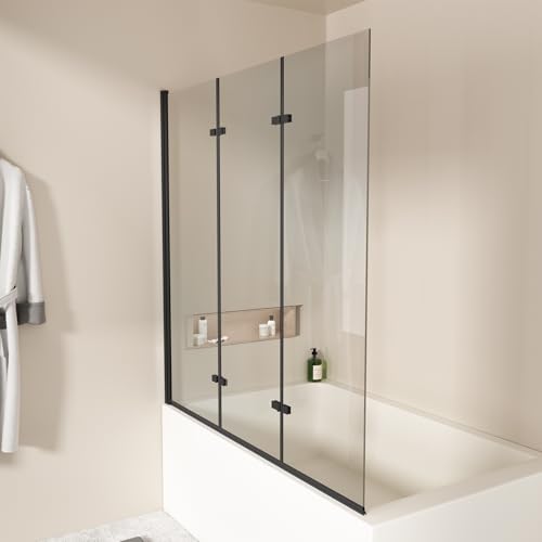 EMKE Mampara de ducha para bañera de 130 x 140 cm, 3 piezas, plegable, con cristal templado de seguridad de 6 mm, accesorio para bañera plegable, mampara de ducha plegable