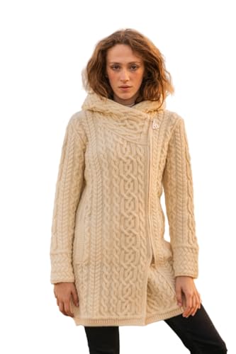 Image of SAOL Ladies Irish Aran Zip Cardigan - 100% Merino Wool Coat with Pockets and Hood, Made in Ireland