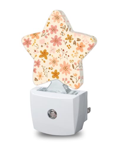 Image of Flowers Star Night Light Plug in, Decorative Night Light for Kids Room Nursery Bedroom, Soft Glow Sensor Lamp for Hallway Bathroom, Compact Energy Saving