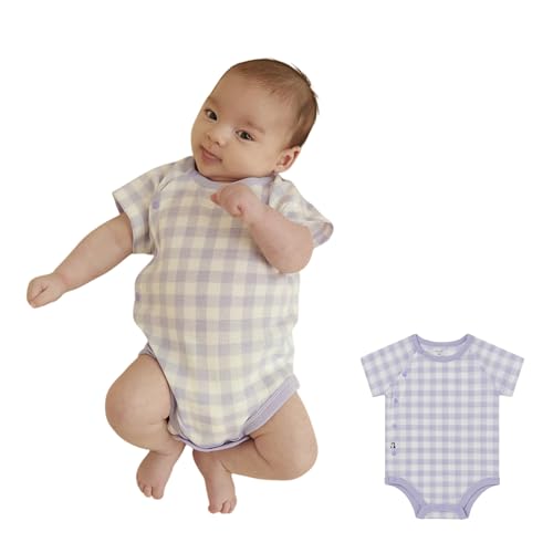 [Konny] Newborn コットンメッシュボディスーツ あせもの心配ゼロ 夏服 の着心地、通気性 カバーオール 敏感な肌にもOK! 綿100% 柔らかい素材 半袖 新生児 ラベンダーギンガム 90cm