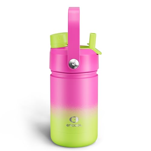 Image of Kids Insulated Water Bottle with Straw - 12oz Stainless Steel Water Bottle with Dual Spouts, Leak-Proof, BPA-Free, Double Wall Vacuum Keeps Cold for 24 Hours for Sports, Travel, School (Lime Sorbet)