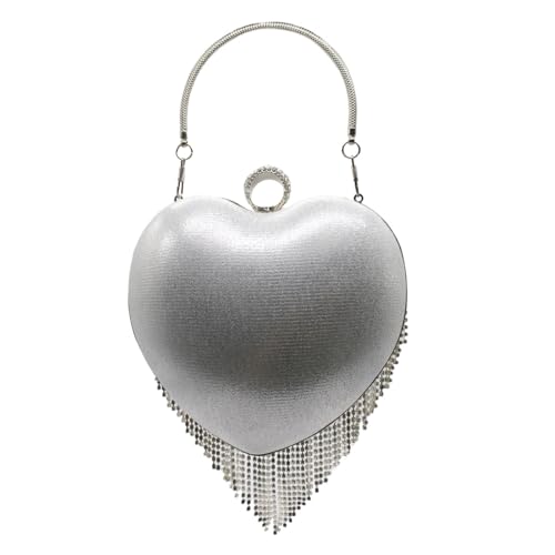 Image of UMREN Women Luxury Heart Shape Tassel Evening Clutch Bag Rhinestones Wedding Party Purse Handbag