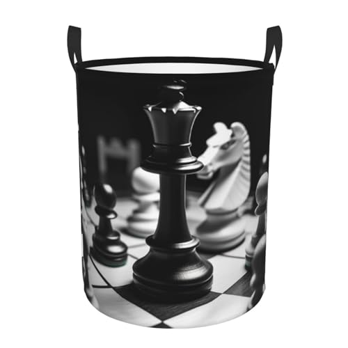 black and white chess print Circular Hamper Waterproof Storage Bin Organizer Basket Laundry Hamper With Handles For Clothes Toys Medium