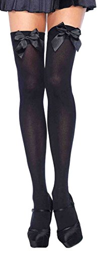 Image of ToBeInStyle Women's Opaque Long Thigh High Stockings w /Decorative Front Satin Bow