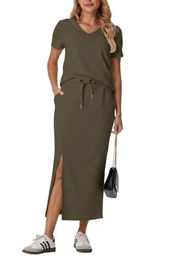 Image of GRECERELLE Women Summer Casual 2 Piece Sets V-Neck Wrinkle-Free Top & Elastic Waist Midi Side Slit Skirt with Pockets