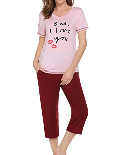 Ekouaer Women's Capri Pajama Set Short Sleeve Sleepwear Plus Size Pjs Sets with Pockets Pink