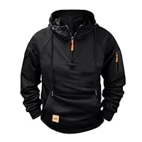 Mens Zip Up Hoodie Cargo Quarter Zip Pullover Vintage Workout Running Hoodies with Pockets Tactical Sweatshirts Black
