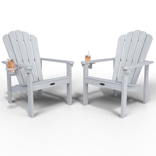 THOEOE Stackable Adirondack Chair Set of 2, HDPE All-Weather Adirondack Chairs - Durable and Space Saving, Plastic Outdoor Fire Pit Chairs with Cup Holder,White