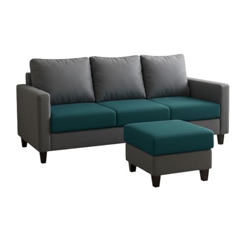 Image of FURNY Arnold 4 Seater L Shape Sofa Set with Movable Ottoman | Flexible Left or Right Layout | Plush Velvet Fabric (Dark Grey-Greenish Teal) | Perfect for Living Room, Guest Room & Office