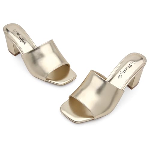 Image of Herstyle Square Open Toe Heeled Sandals for Women 2.5 Inch Low Block Chunky Heel Sandals Slip-On Mules Comfortable Dress Shoes for Party Wedding Office