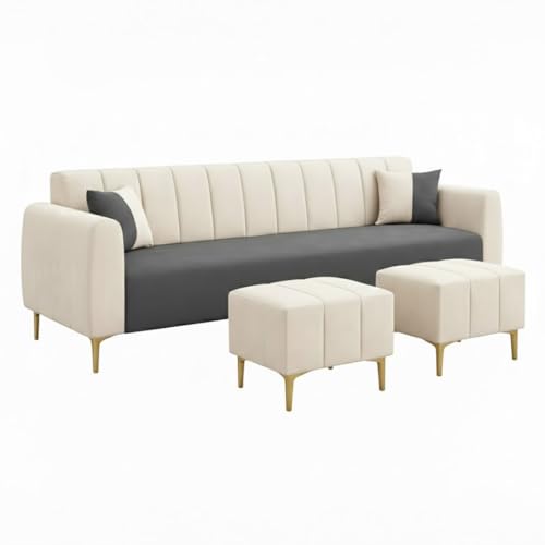 Image of Habibi 5 Seater L Shape Sofa Set with 2 Movable Ottomans | Flexible Layout | Rich Velvet Suede Fabric | Silver Legs | Dual Tone Modern Sofa for Living Room (Dark Grey-Cream)