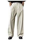 SHENHE Men's Pleated Low Waist Wide Leg Suit Pants Casual Dress Wide Leg Loose Long Pants with Pocket Cream Beige Medium