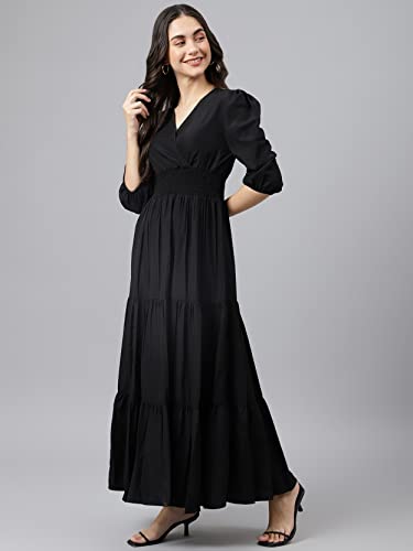 Image of Femvy Women's Fit and Flare Maxi Dress Rayon 3 /4 Sleeve Solid V-Neck Evening Dress 751