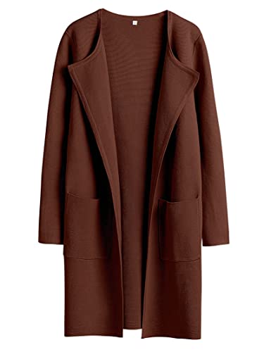 Anrabess Women's Open Front Knit Cardigan Long Sleeve Lapel Casual Solid Classy Sweater Jacket 715Zhuanhong-L Red Brown #TOP22
