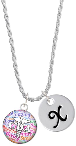 Delight Jewelry Silvertone Domed Multi Color CDA - Silvertone Script Initial Disc - X - Charm Necklace, 20"+3"