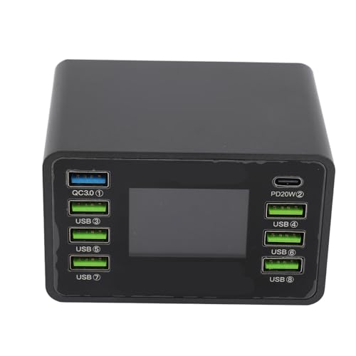 MasYosh Estación de Carga USB de 50 W y 8 Puertos, Carga Rápida QC3.0 PD con Detección Inteligente y Pantalla Digital, para Teléfonos Inteligentes, Tabletas y Relojes (Enchufe europeo de 100 a 240 V.)