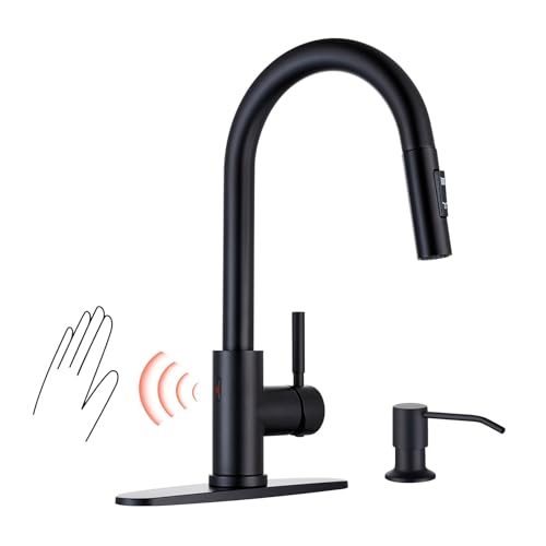 TOYWIA Touchless Kitchen Faucets with Pull Down Sprayer and Soap Dispenser, Matte Black Smart Motion Sensor Stainless Steel Sink Faucet, 1 or 3 Hole Deck Plate Mount for RV, Bar, Outdoor by TOYWIA - Used condition - US$44.19