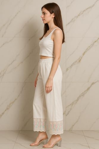 Image of TNQ Women Cotton Net Detailing Work Palazzo || Lace Palazzos || Flared Net Lace Palazzo for Women White