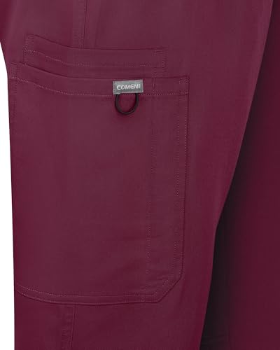 Image of COMENII Scrubs for Women, Knit Yoga Waistband Straight Leg Cargo Pants, Classic Fit Womens Scrubs Pants-T-Burgundy XXL