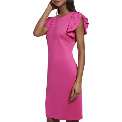 Image of Tommy Hilfiger Women's Sleeveless Ruffle Hem Jewel Neck Crepe Sheath Mini Dress